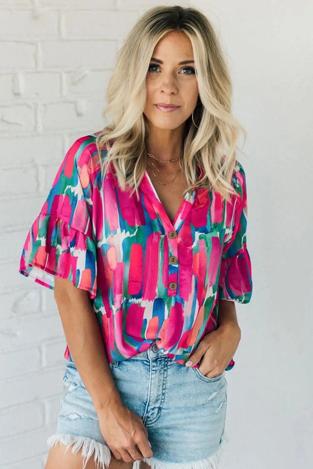 Rose Abstract Brushwork Print Buttoned V Neck Blouse - Love Salve